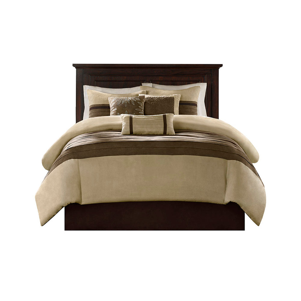 7 PC Pieced Faux Suede Comforter Set Natural Cal King Media 10
