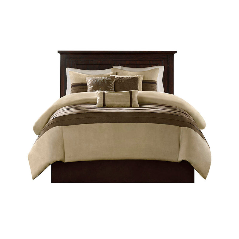 7 PC Pieced Faux Suede Comforter Set Natural Cal King