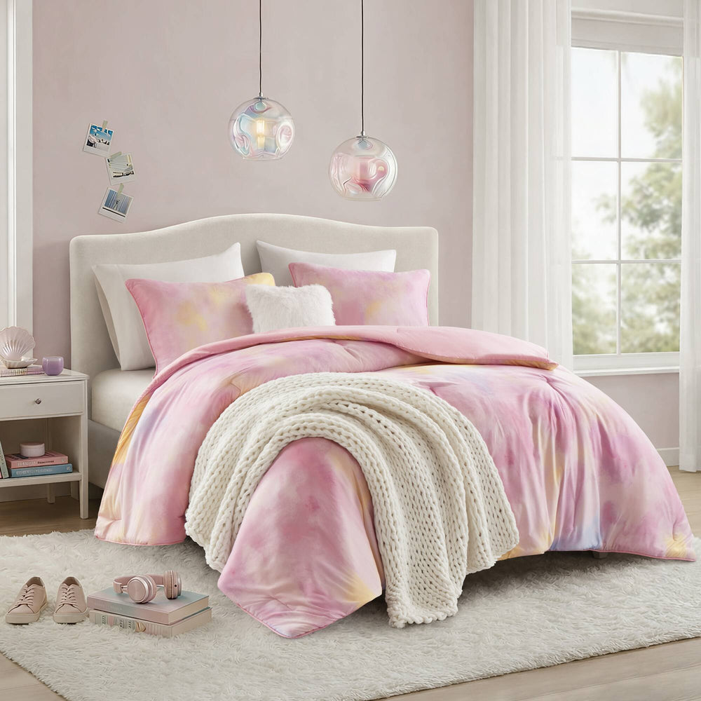4 Pieces King/Cal King Watercolor Tie Dye Printed Comforter Set with Throw Pillow,Pink Media 20