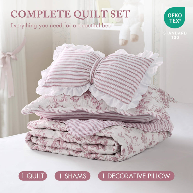 3 Pieces Twin/Twin XL Quilt Set with Decorative Pillow,Pink