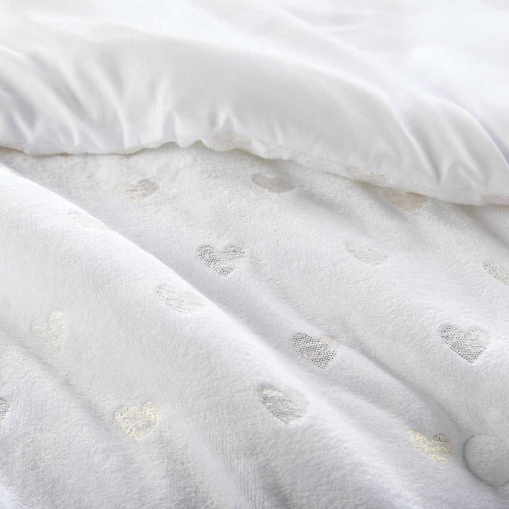 Plush Comforter Set White & Gold Heart Print 4 Piece Full Queen Bedding Includes Shams & Throw Pillow Media 10