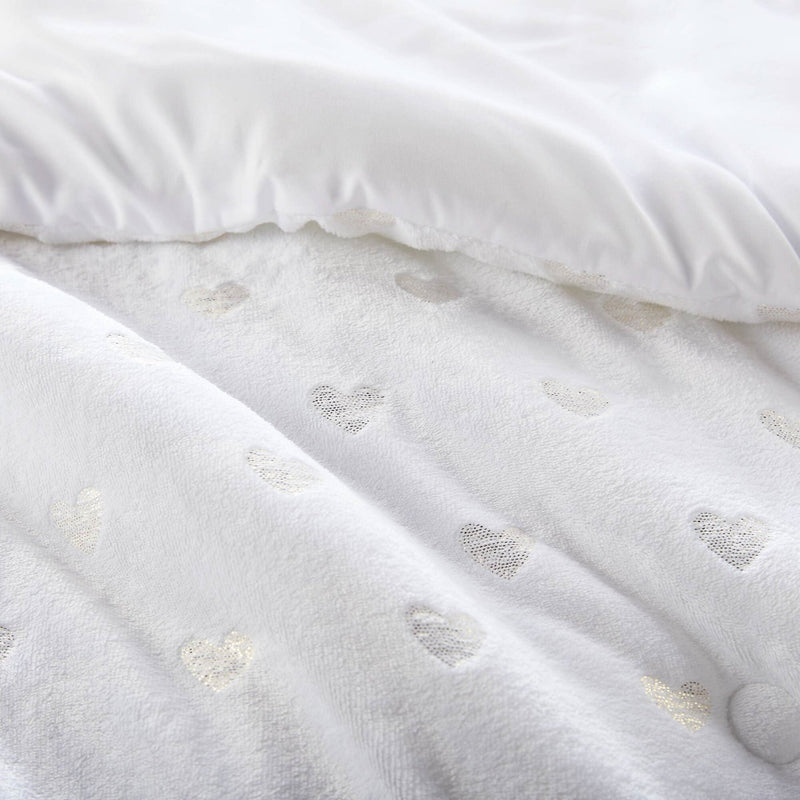 Plush Comforter Set White & Gold Heart Print 4 Piece Full Queen Bedding Includes Shams & Throw Pillow