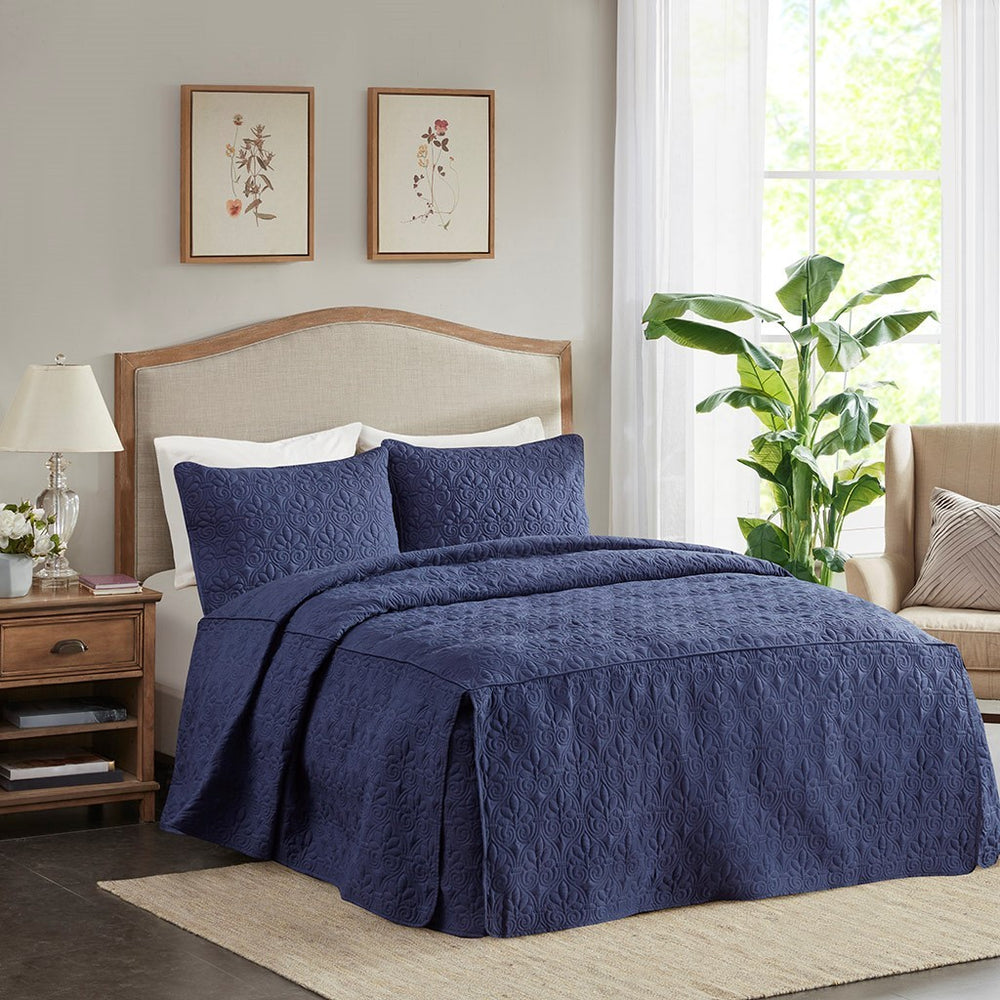 3 Piece Split Corner Pleated Quilted Bedspread Navy Queen Media 1