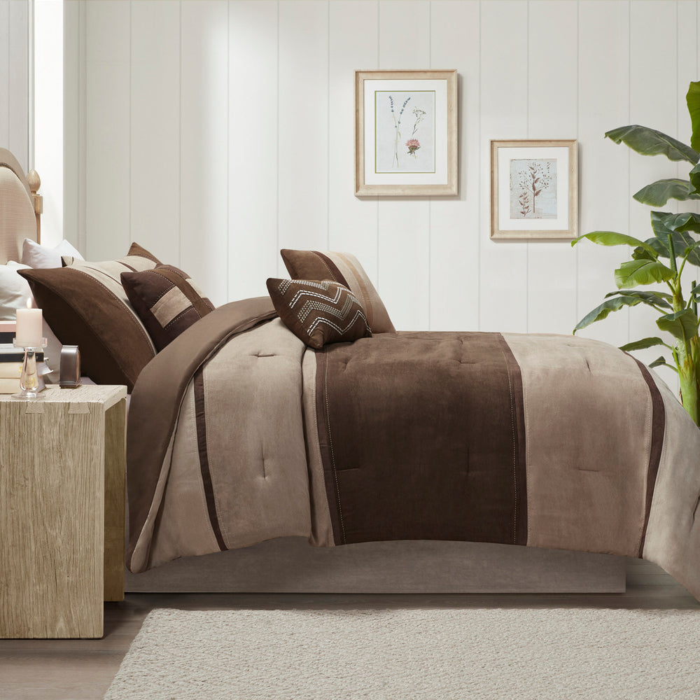 7 Piece Faux Suede Comforter Set Brown King Media 15