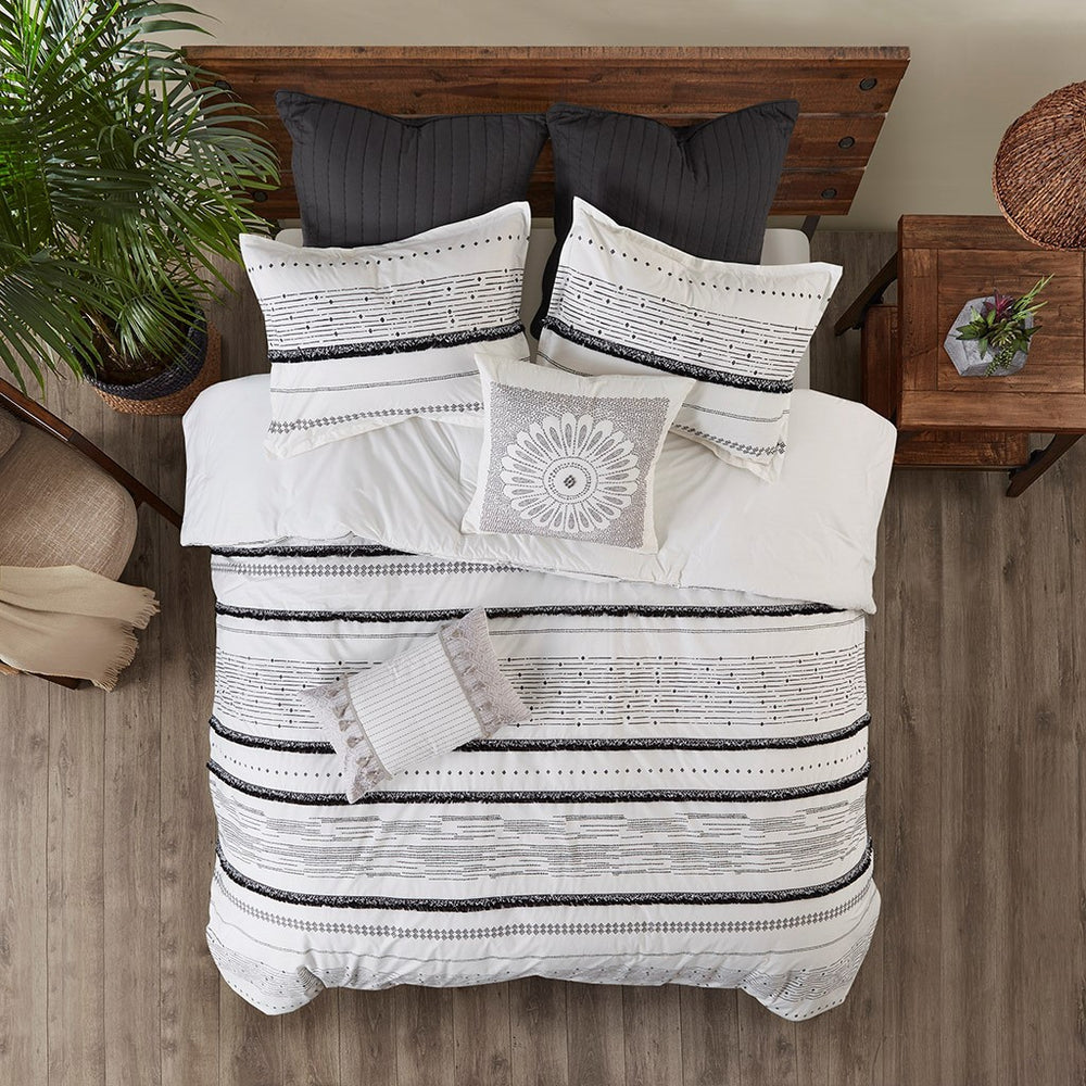 Cotton Printed Comforter Set with Trims Black/White Full/Queen Media 2