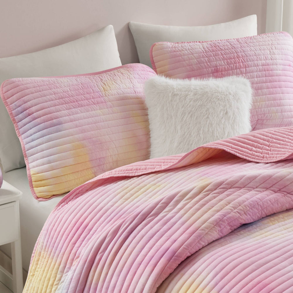 4 Pieces Full/Queen Watercolor Tie Dye Printed Quilt Set with Throw Pillow,Pink Media 21