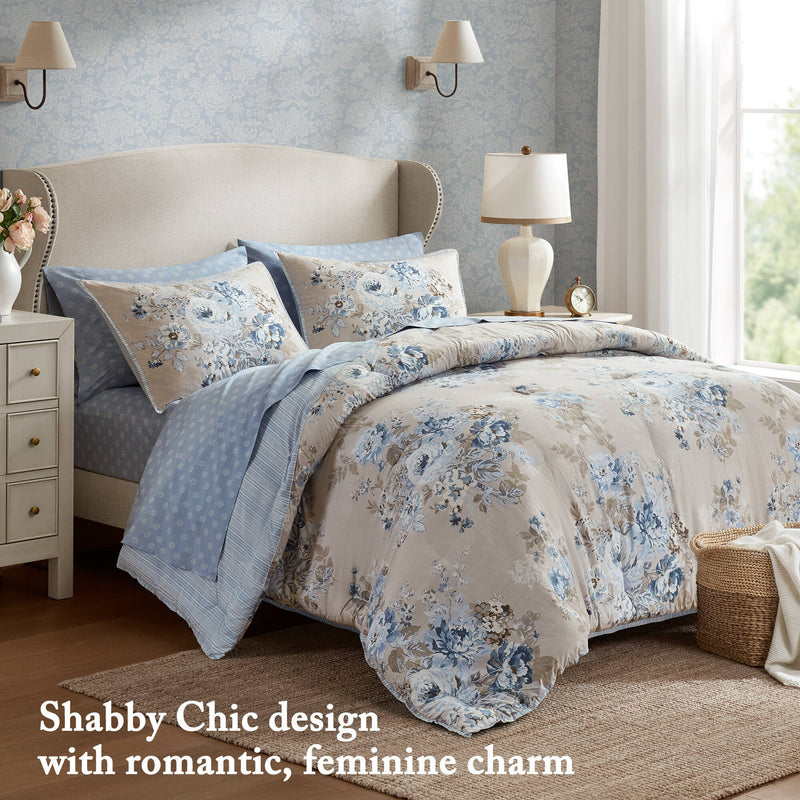 7-Piece Full 7 Piece Vin -inspired Collection floral print,Beige/Blue