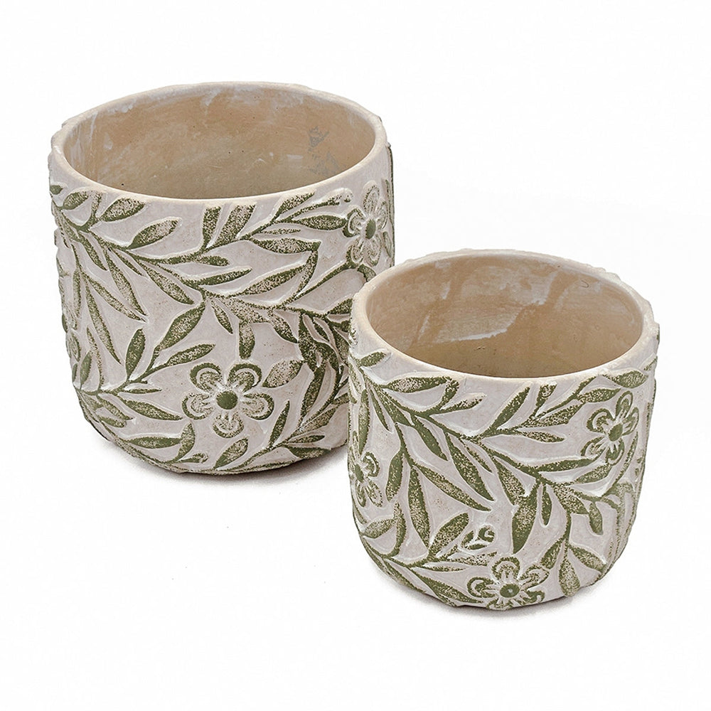 S/2 Gray Sand and Cement Planters with Etched Green Floral Motif, L:D6.7x6.3' S:D5.5x5' Media 3
