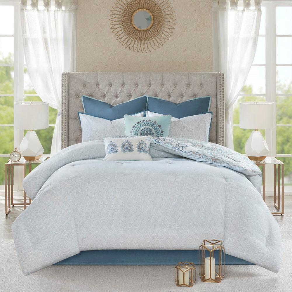 8 Piece Cotton Floral Printed Reversible Comforter Set Blue King Media 13