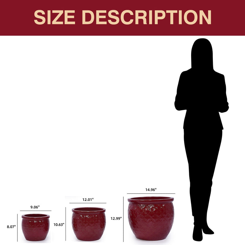 Handmade Ceramic Flower Pot Set of 3, 15/12/10 Inch Diameter, Deep Red with Floral Embossed Pattern, for Orchids Indoor/Outdoor Use on Windowsill & Bookshelf, Breathable Clay
