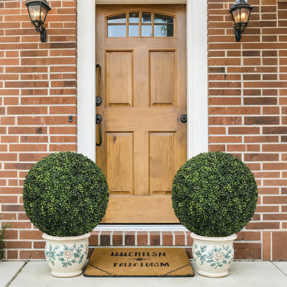 22.4IN dark Artificial Topiary Balls Outdoor Faux Boxwood Large Decorative Green Spheres for Garden Front Porch Patio Planter Decoration, 2pcs/set Media 8