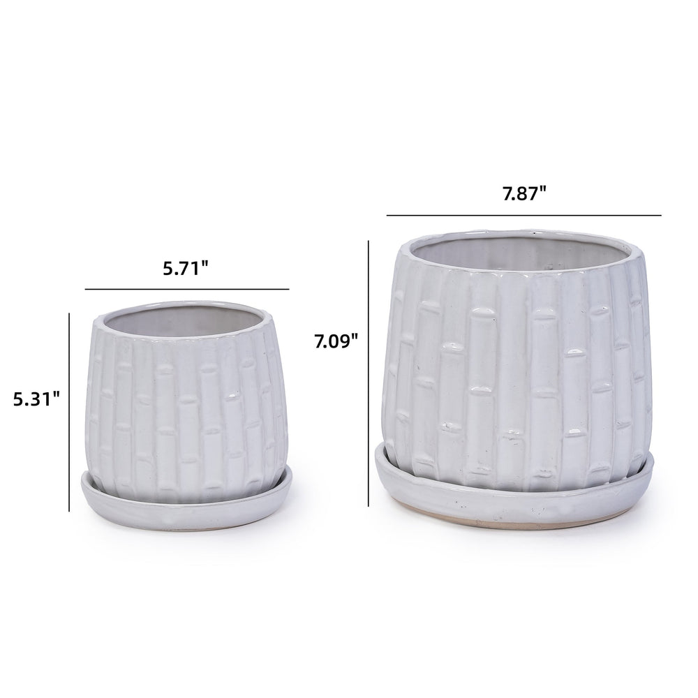 Handmade White Glazed Ceramic Planter Set of 2, 6' & 8' Diameter, Bamboo-like Pattern, for Orchids Indoor/Outdoor Shelf & Table Use, Breathable Clay Media 7