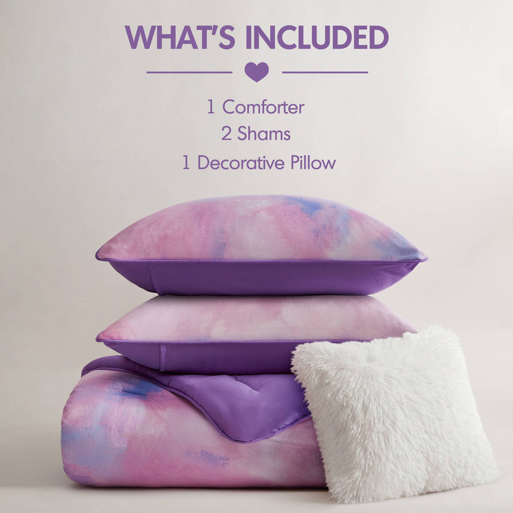 4 Pieces Full/Queen Watercolor Tie Dye Printed Comforter Set with Throw Pillow,Purple Media 3