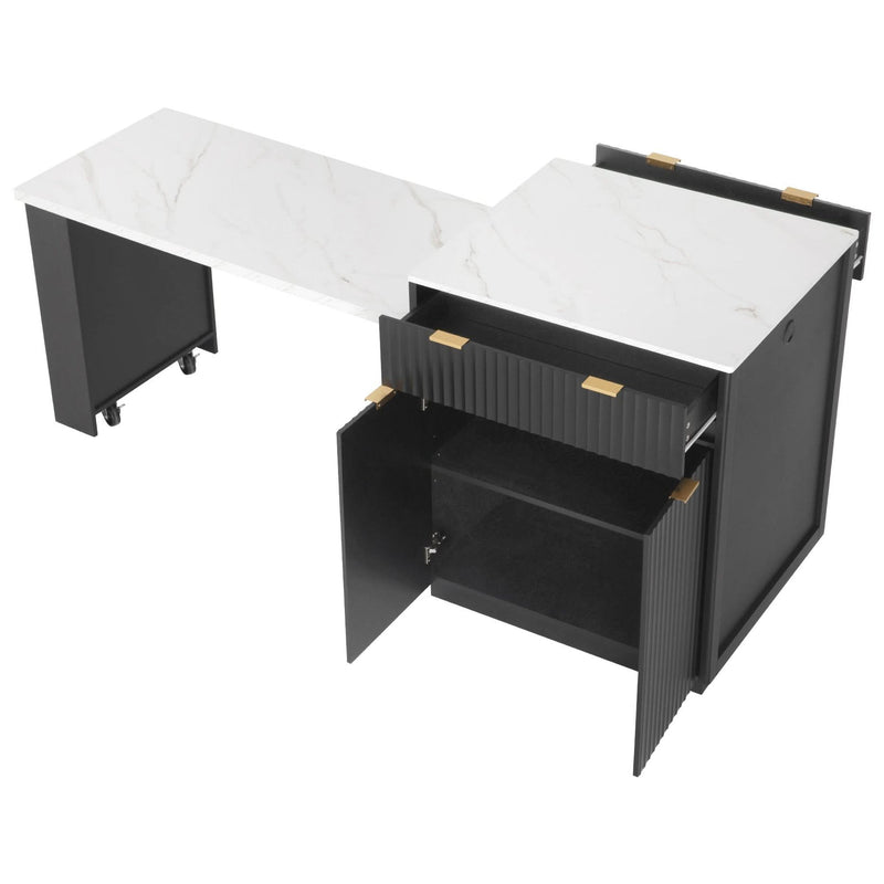 Kitchen Island Modern With Extendable Dining Table & Power Outlet For 4-6 People Black