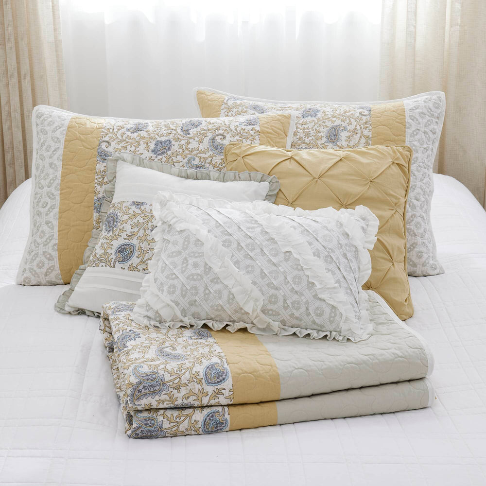 6 Piece Cotton Percale Quilt Set with Throw Pillows Yellow Full/Queen Media 9