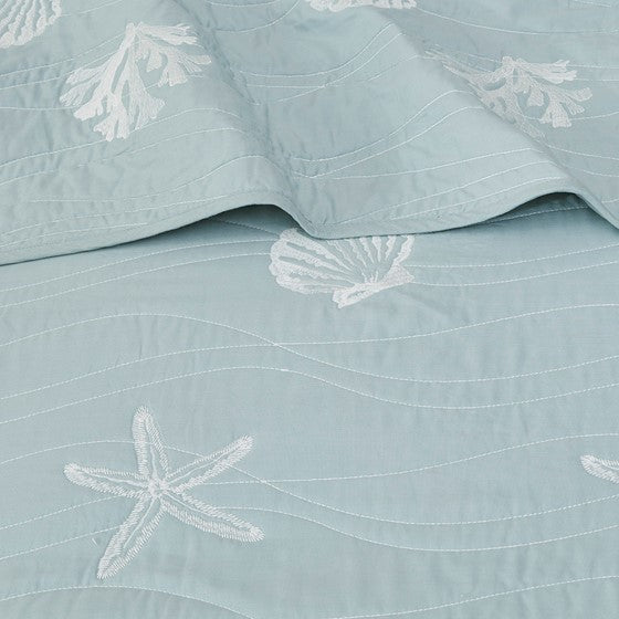 4 Piece Cotton Reversible Embroidered Quilt Set with Throw Pillow Aqua Full/Queen Media 5