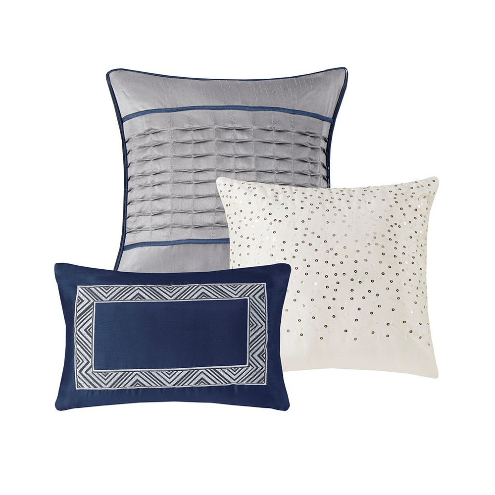 6 Piece Reversible Jacquard Quilt Set with Throw Pillows Navy Full/Queen Media 19