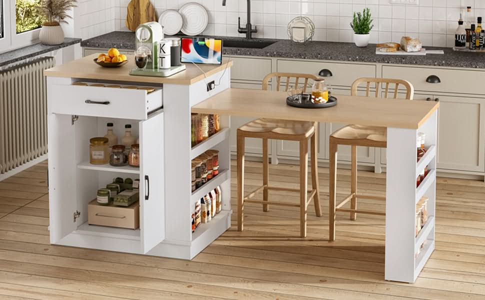 Extendable Island Console & Particle Board White Finish & Multi-Functional Storage Media 16