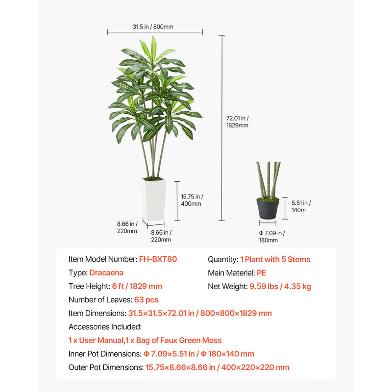 6ft Artificial Dracaena Tree Fake Plant with White Planter Indoor