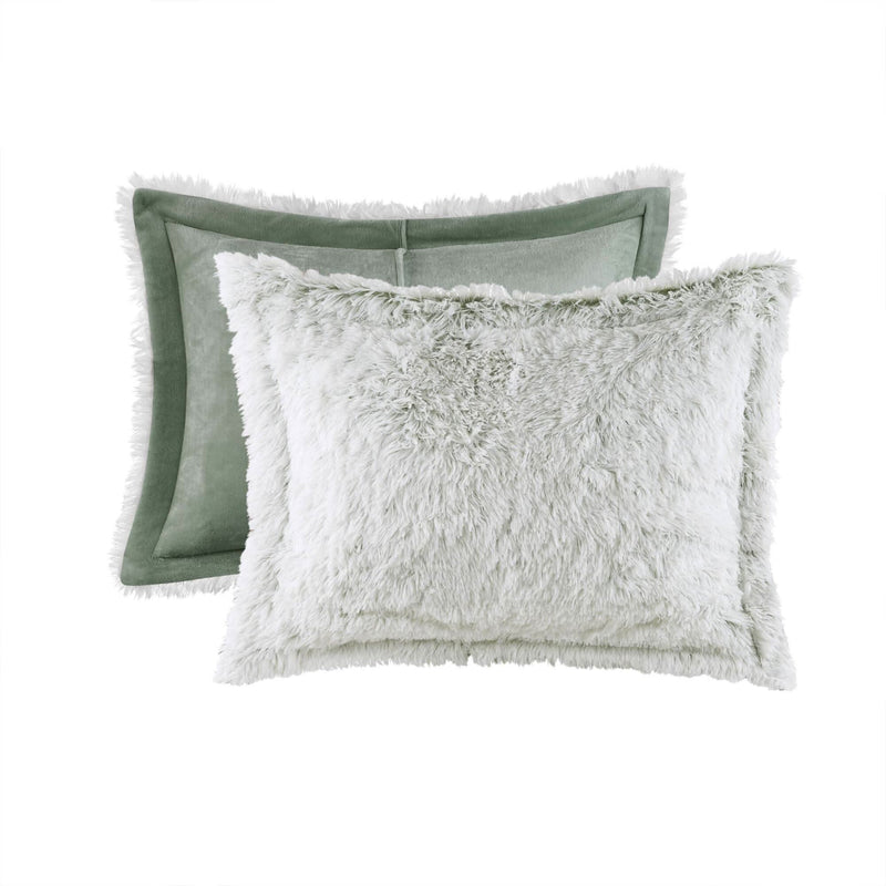 Faux Fur Comforter Set Shaggy Twin XL Green & White Cozy Bedding For Home Decor Accent