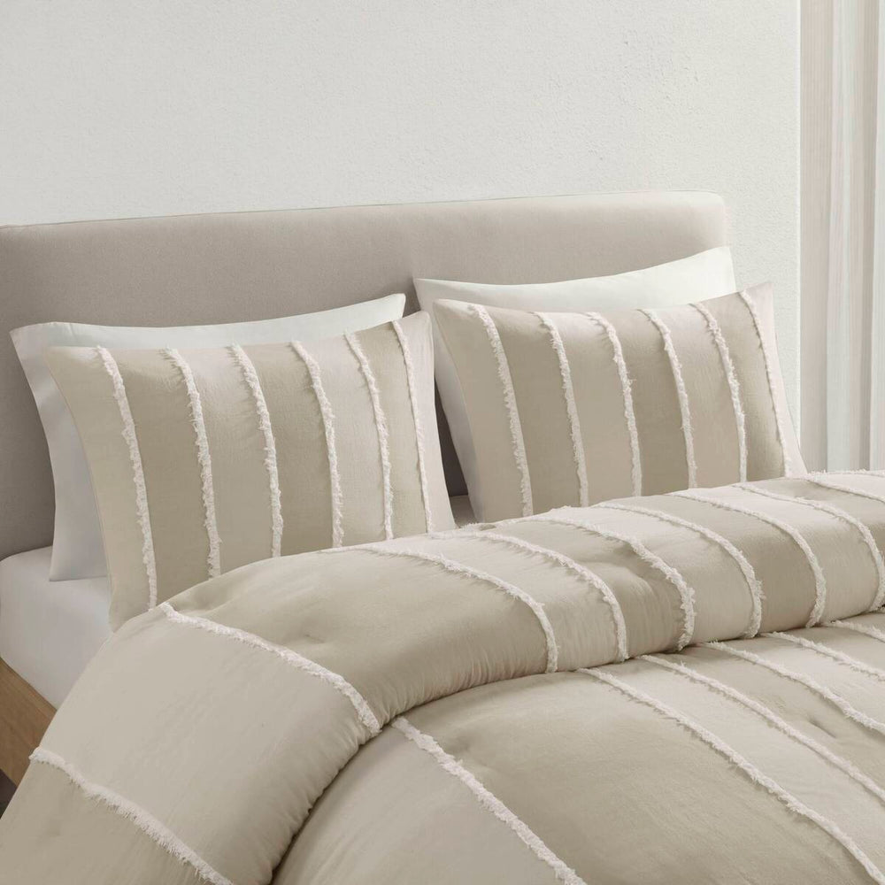 3 Piece Striped Cotton Comforter Set Taupe Full/Queen Media 8
