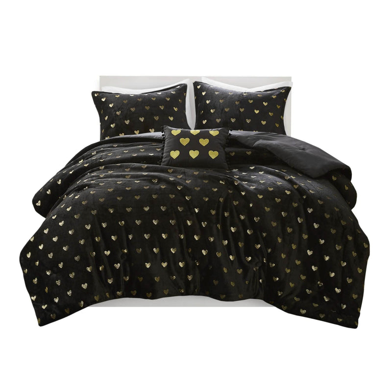 Plush Twin XL Comforter Set Metallic Heart Print With Shams & Throw Pillow Included
