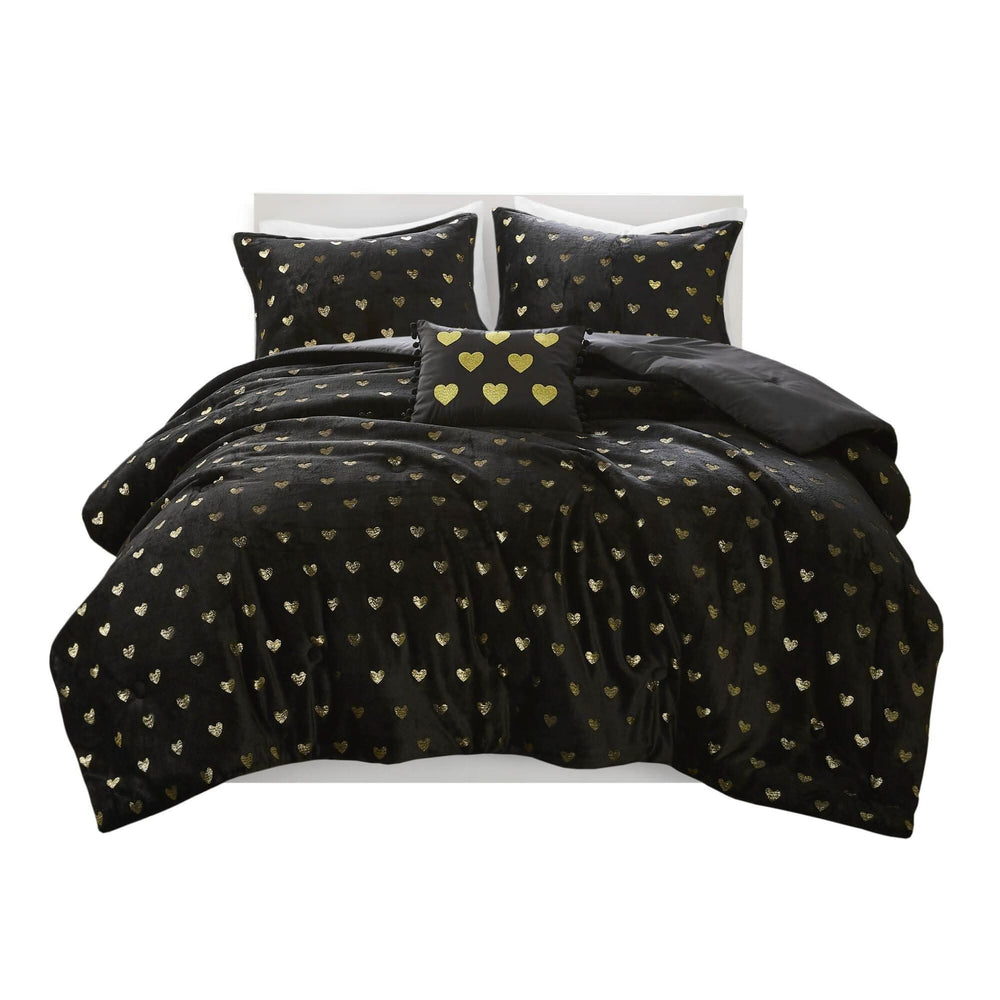Plush Comforter Set & Black Gold Heart Print Full Queen Bedding 4 Piece with Throw Pillow Media 3