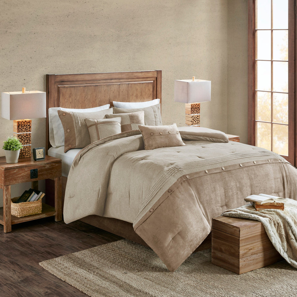 7 Piece Faux Suede Comforter Set Tan King Media 1