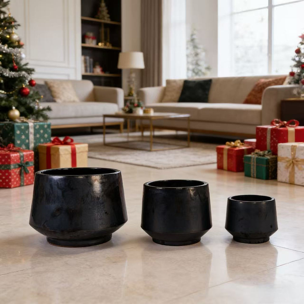 Handmade Black Matte Glazed Ceramic Planter Set of 3, 15/11/9 Inch Diameter, Textured Finish for Orchids & Begonias, Indoor/Outdoor Use on Windowsill & Bookshelf, Breathable Clay Media 1