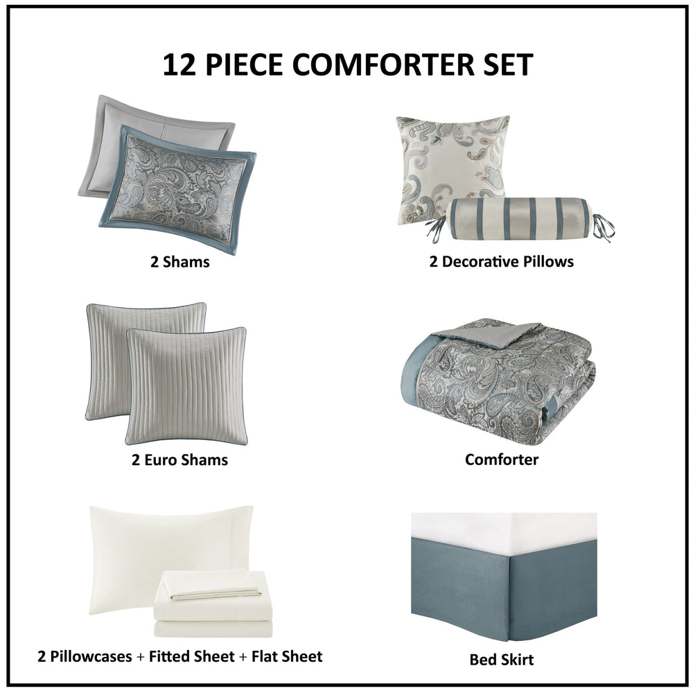 12 Piece Comforter Set with Cotton Bed Sheets Teal Cal King Media 4