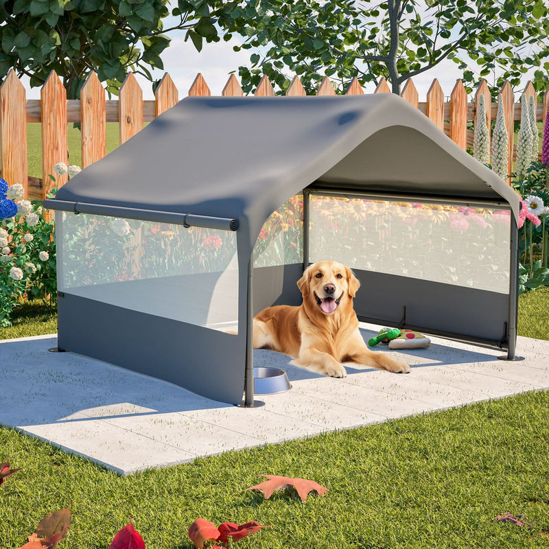 Extra Large Outdoor Dog House Tent with 3-Sided Mesh Windows, Breathable Sun Rain Cover Pet Shelter with Canopy and Ground Stakes for Dogs, Cats, Livestock – 4' x 4' x 3.3', Gray