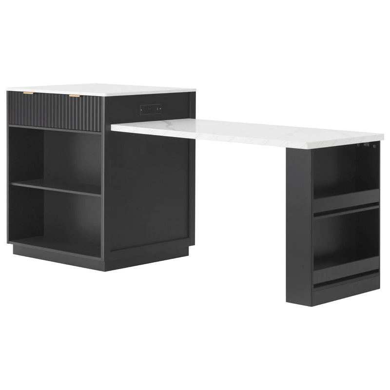 Kitchen Island Modern With Extendable Dining Table & Power Outlet For 4-6 People Black