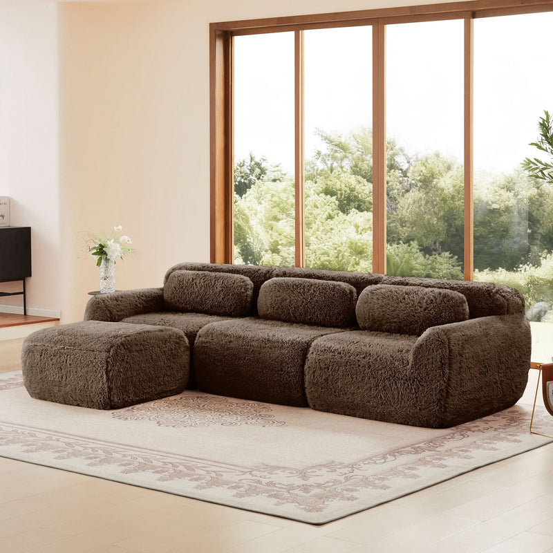L-Shaped Sofa Plush Fabric With Movable Ottoman & Throw Pillows Chocolate