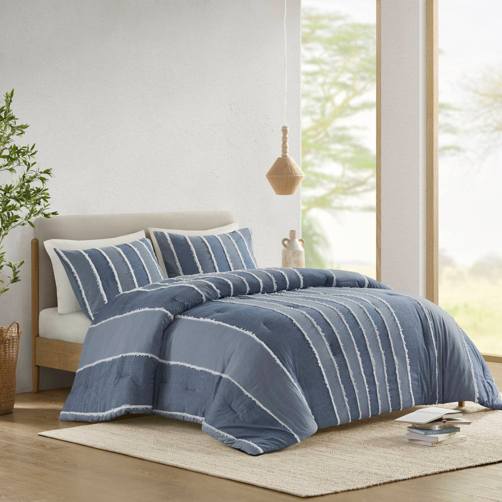3 Pieces Full/Queen Striped Cotton Comforter Set,Blue Media 1