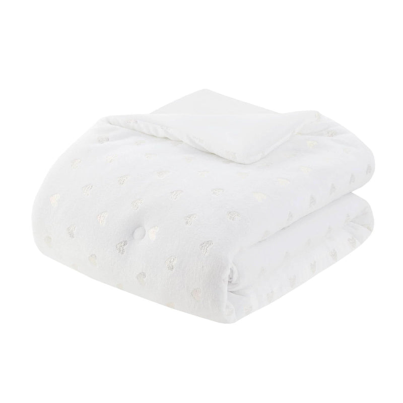 Plush Comforter Set White & Gold Heart Print 4 Piece Full Queen Bedding Includes Shams & Throw Pillow