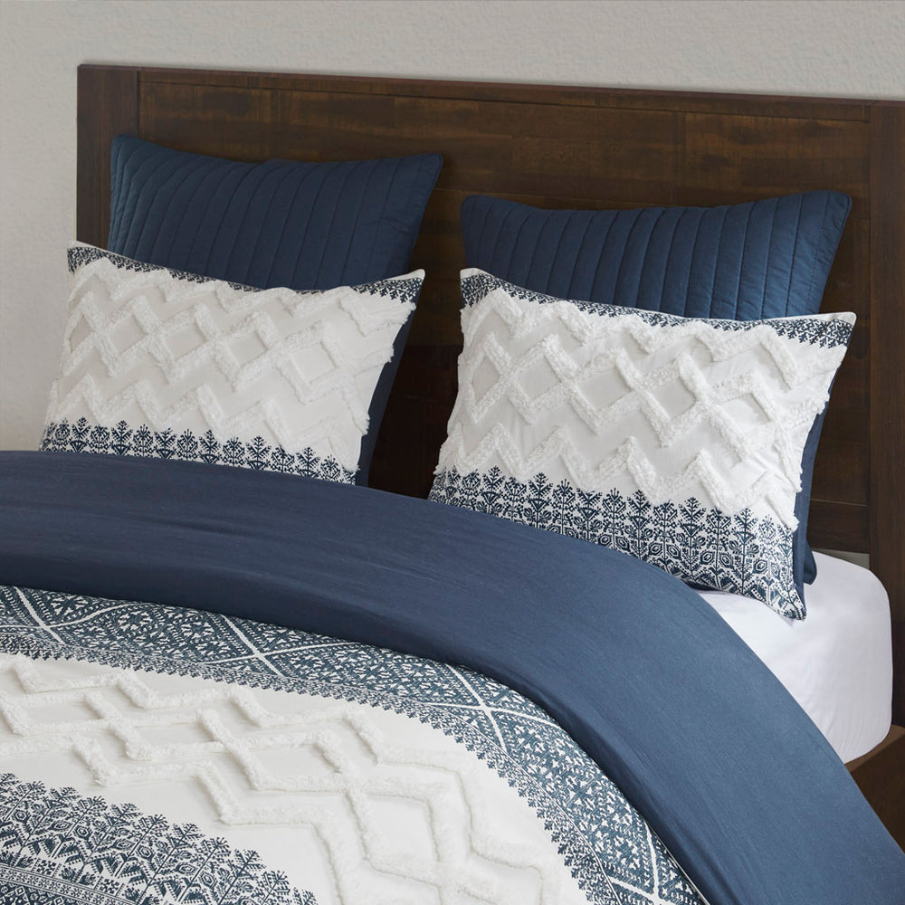 3 Piece Cotton Comforter Set with Chenille Tufting Navy Full/Queen Media 3