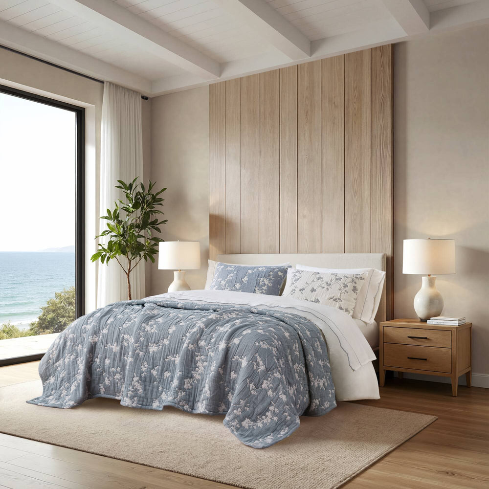 3 Pieces King Jacquard Cotton Gauze Quilt Set,Blue Media 1