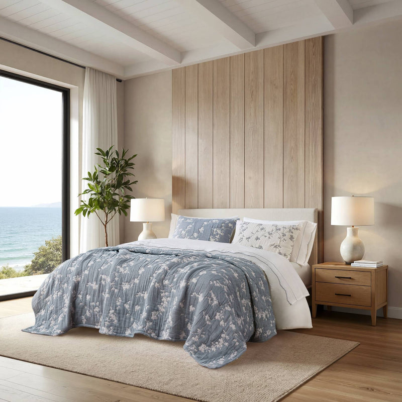 3 Pieces Full/Queen Jacquard Cotton Gauze Quilt Set,Blue