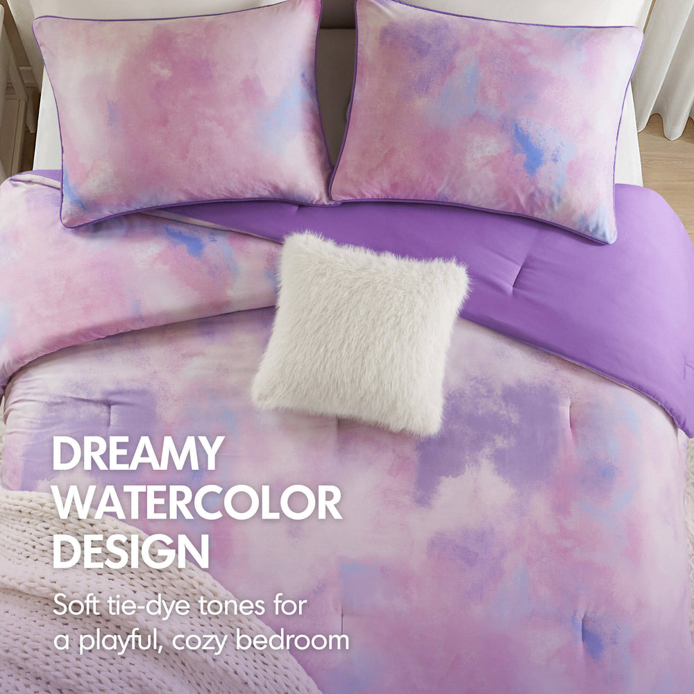 4 Pieces King/Cal King Watercolor Tie Dye Printed Comforter Set with Throw Pillow,Purple Media 10
