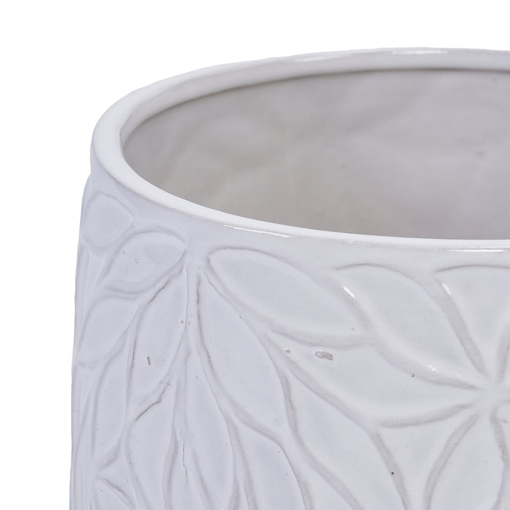 Handmade White Glossy Ceramic Planter Set of 2, 6' & 8' Diameter, Leaf Pattern Design, for Succulents and Herbs Indoor/Outdoor Shelf & Table Use, Breathable Clay with Saucers Media 15
