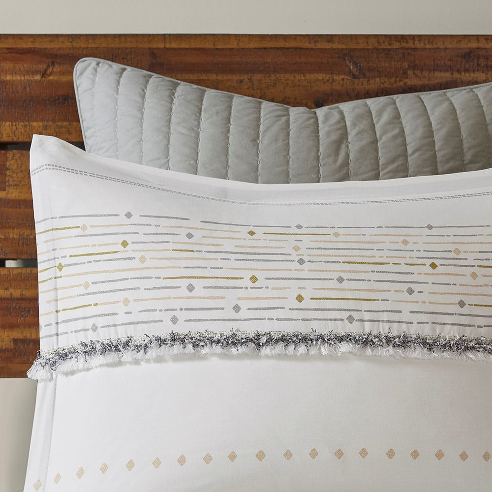 Cotton Printed Comforter Set with Trims Off White/Gray King/Cal King Media 10