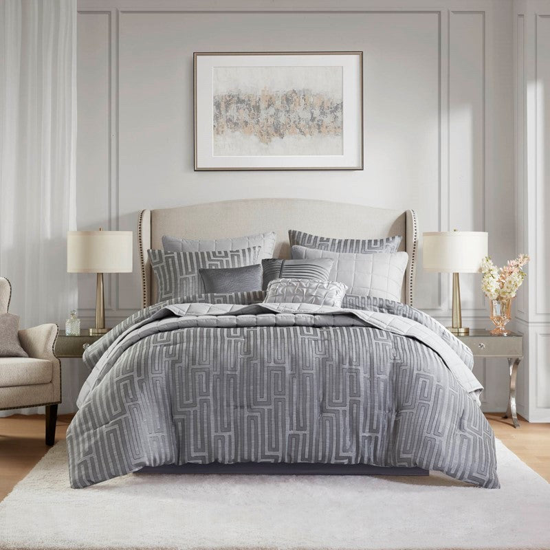 10 PCS Cal King  Luxury Jacquard Comforter Set Grey Media 1