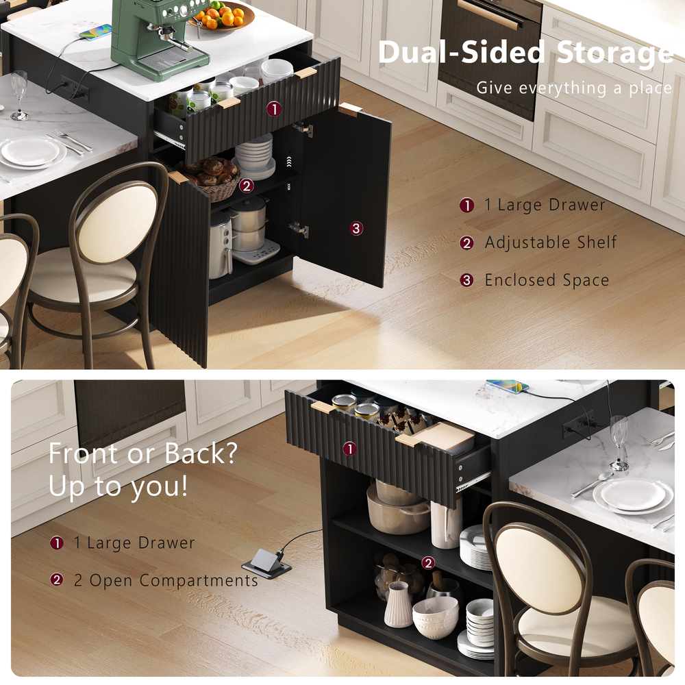 Kitchen Island Modern With Extendable Dining Table & Power Outlet For 4-6 People Black Media 10