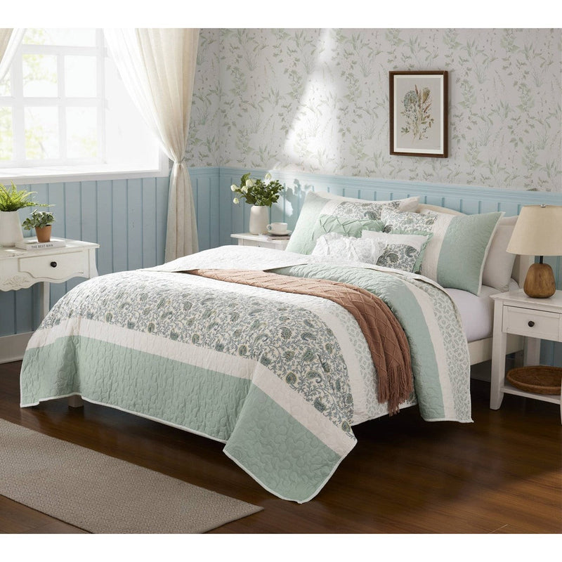 6 Piece Cotton Percale Quilt Set with Throw Pillows Aqua King/Cal King