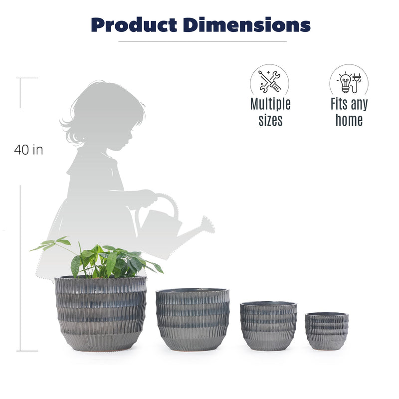 Handmade Matte Metallic Charcoal Gradient Glaze Ceramic Planter Set of 4, 7/9/12/14 Inch, Horizontal Grooves, Indoor & Outdoor Herb Succulent Pots, Breathable Clay with Drainage Holes