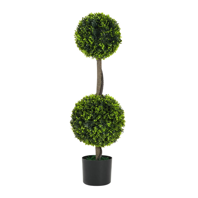 34' Artificial Topiary Boxwood Tree Double Ball with Black Plastic Pot, Set of 2