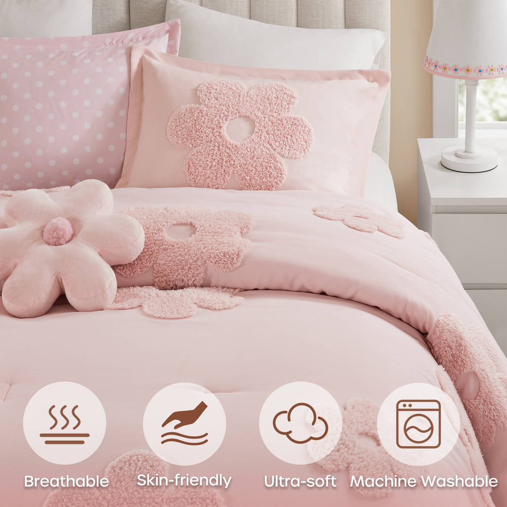 4-Piece Full/Queen Floral Reversible Tufted Chenille Comforter Set with Flower Throw Pillow,Pink Media 2