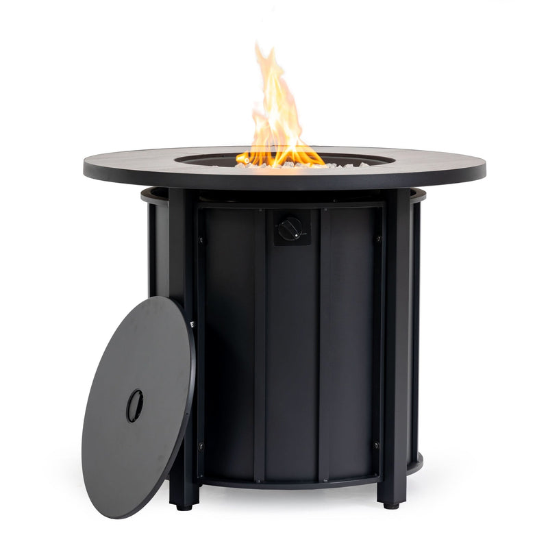 Propane Fire Pit Table Round Steel Wood Grain Ceramic Tabletop For Outdoor Patio & Backyard Entertaining