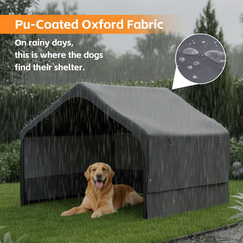 Extra Large Outdoor Dog House Tent with 3-Sided Mesh Windows, Breathable Sun Rain Cover Pet Shelter with Canopy and Ground Stakes for Dogs, Cats, Livestock – 4' x 4' x 3.3', Gray