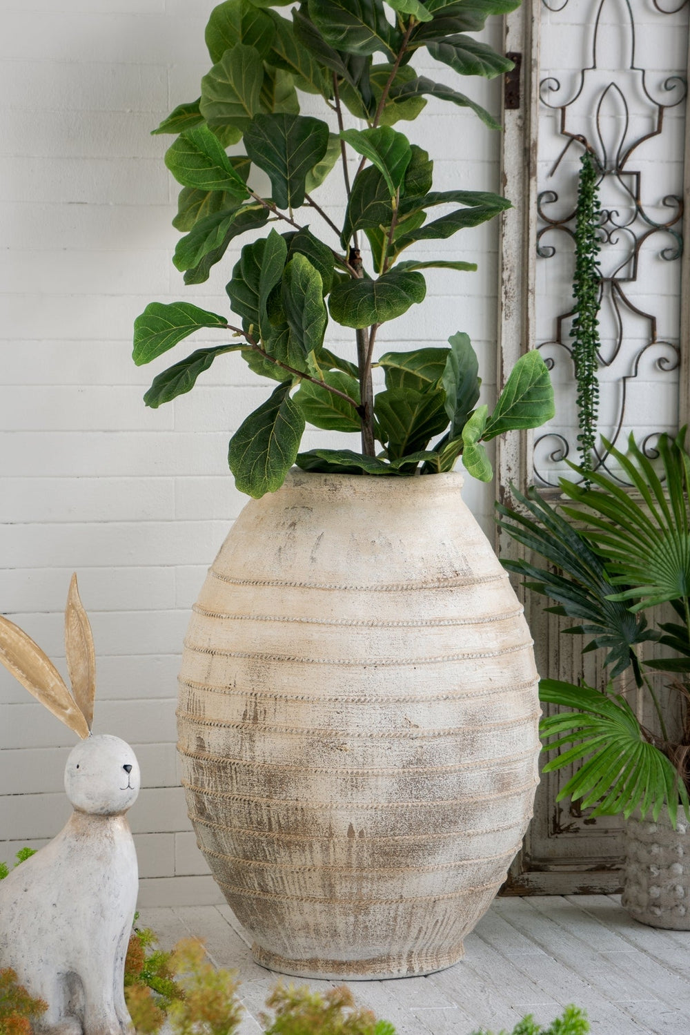 22.4x22.4x30.5' Large Magnesium Flower Pot with Weathered White Finish and Ridged Texture Media 6